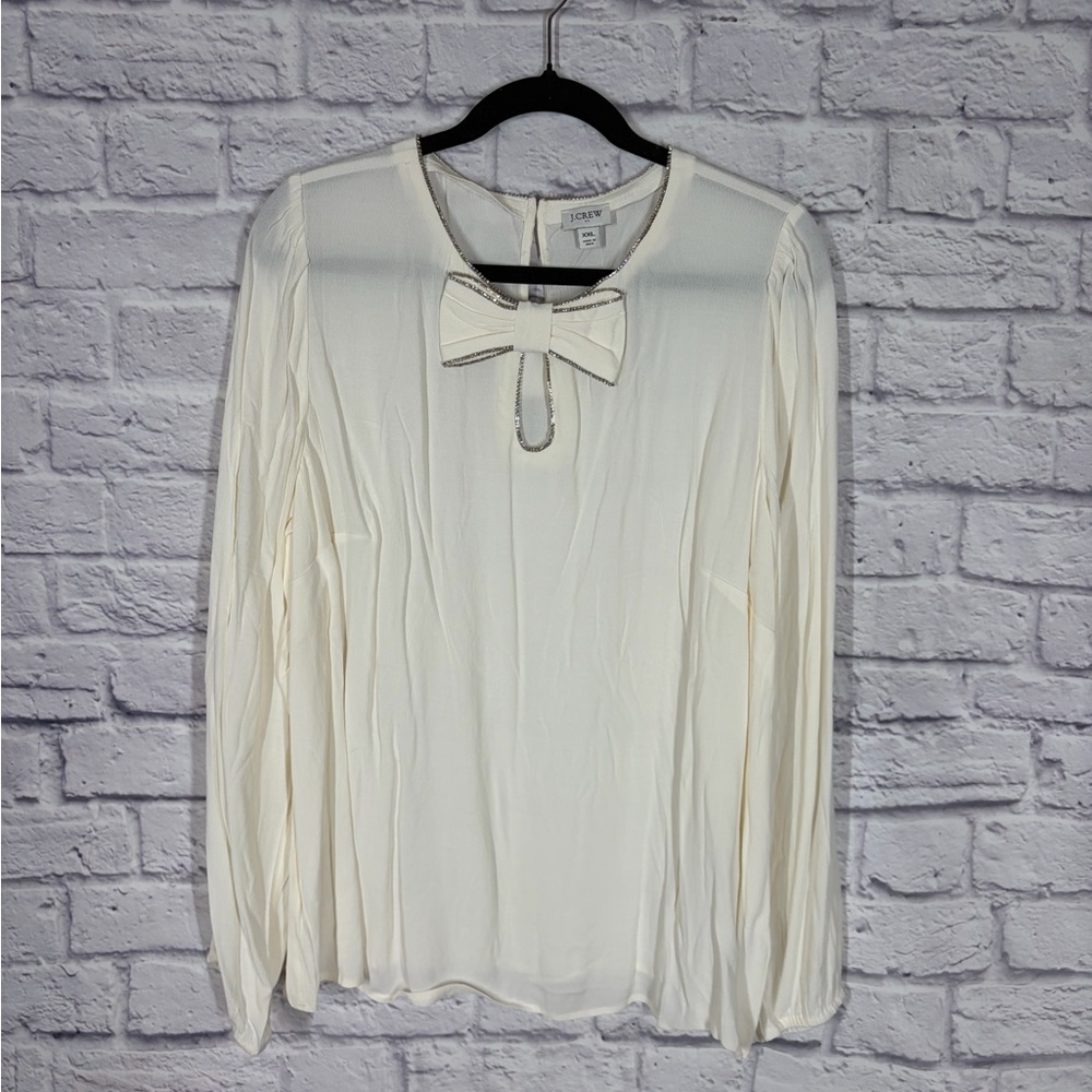 J.Crew Factory Embellished Bow Long Sleeve Blouse Ivory Viscose NWT Size XXL